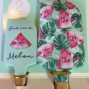 2 One in a Melon Silicone Spatulas Tropical Leaves Watermelon Slices